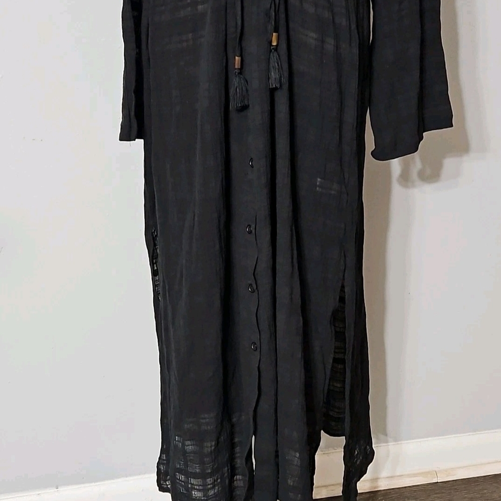 Anne Cole Women's Cotton Tie Waist Cover-up Shirtdress In Moonless Night Black - Picture 5 of 8